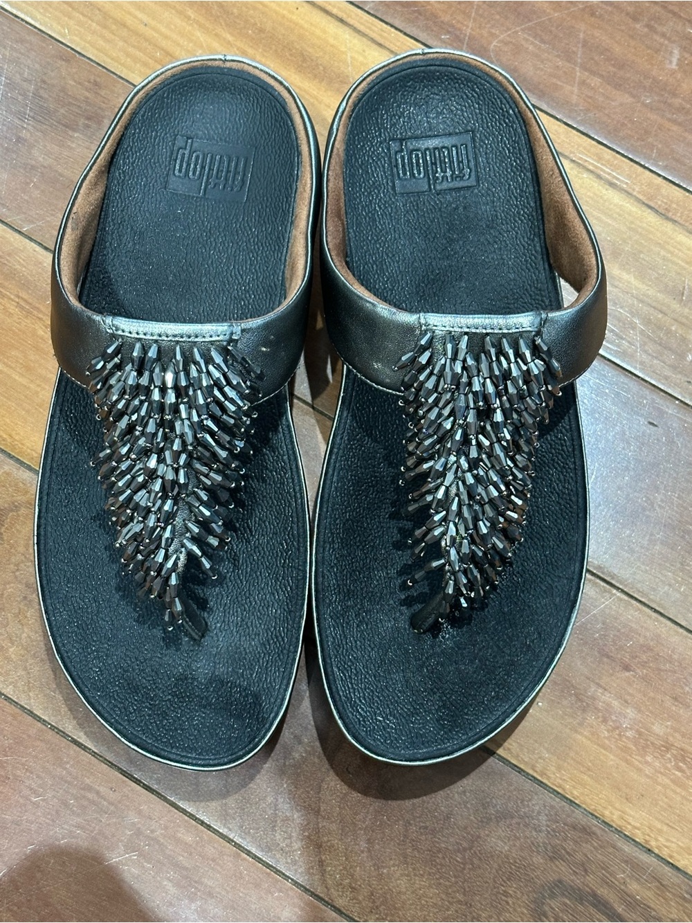 FitFlop Black Beaded T-Strap Sandals